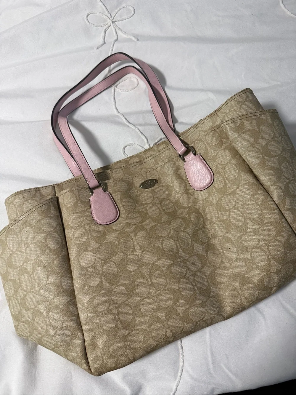 Coach Beige Signature diaper bag with Pink Leather Handles